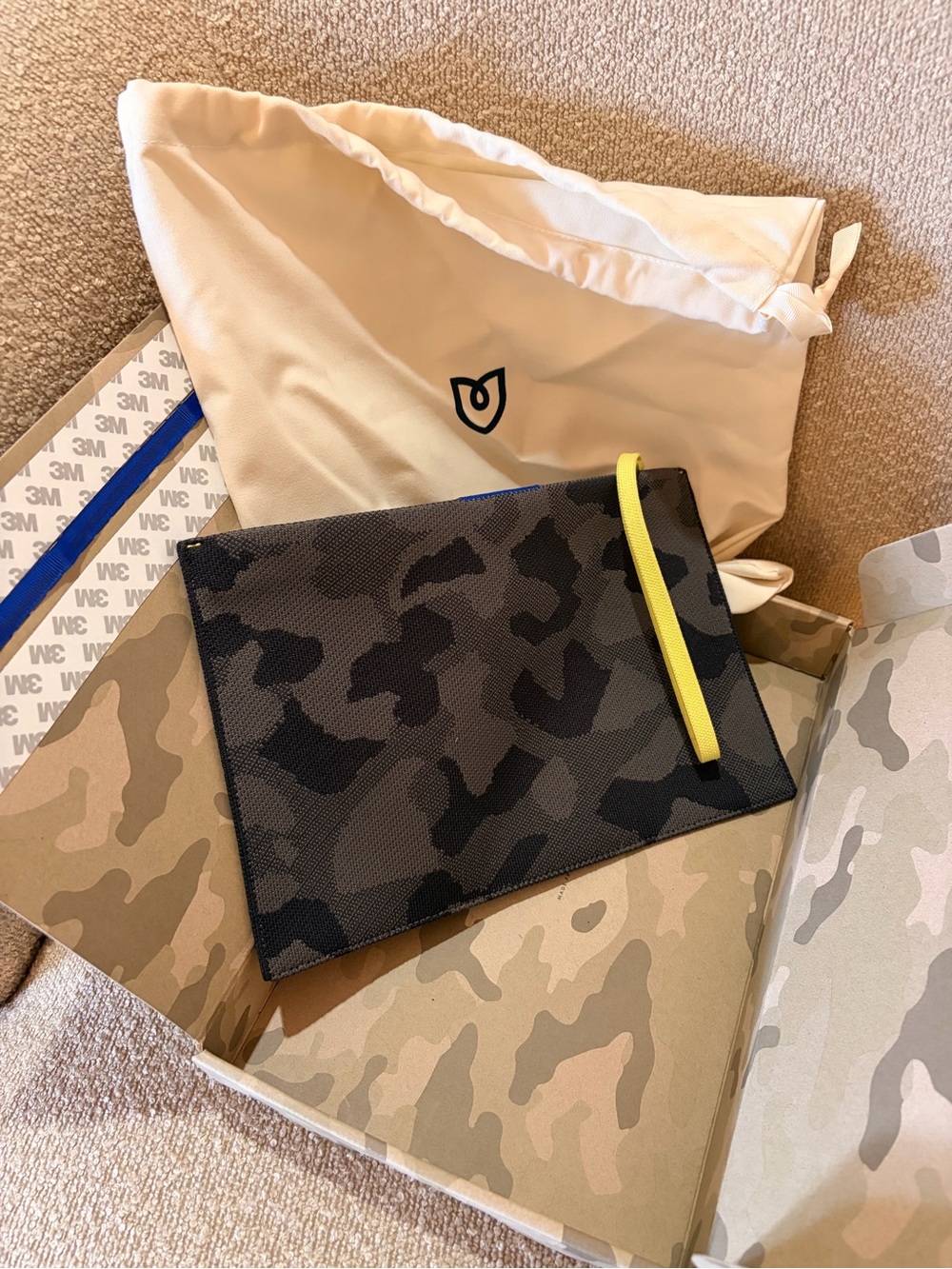Camouflage Leather Rothy’s Zipper Bag with Yellow Accent